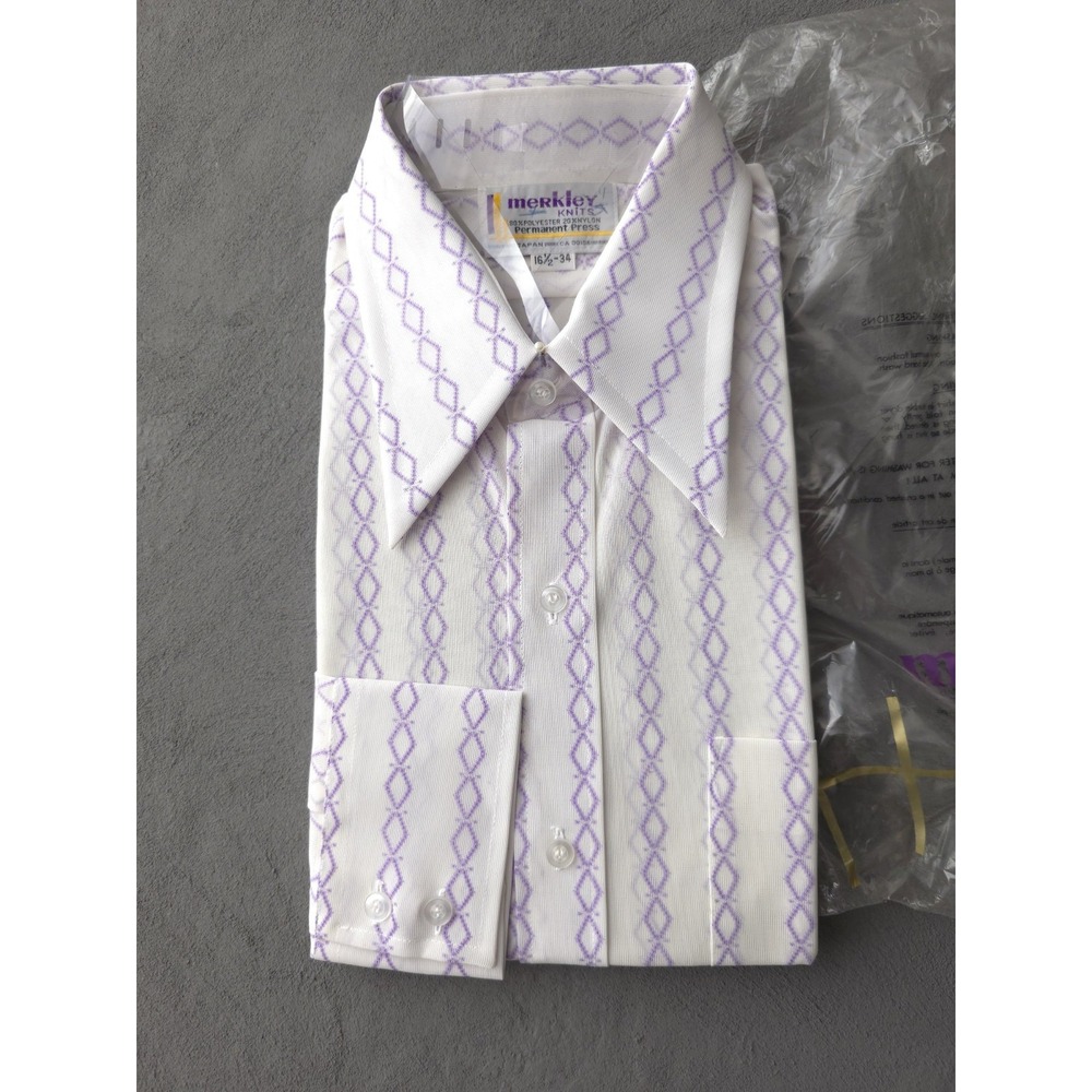 Vintage 1970s Merkley Knits Permanent Press Nylon Dress Shirt L 16.5 Disco
